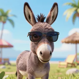 a donkey wearing cool sunglasses on vacation, hyper-detailed, 3d, digital art