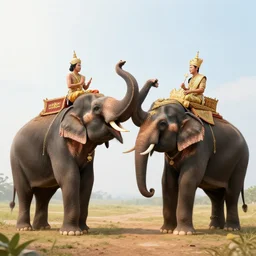 the elephant battle, elephant duel scene, king naresuan versus crown prince mingyi swa, a colorized photo, colorized, # film, movie still