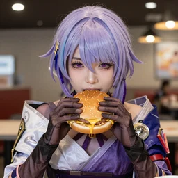 Raiden from Metal Gear Rising eating a cheeseburger at McDonalds
