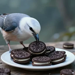 a bird eating a plate full of oreos, cinematic, hyper detailed masterpiece, ethereal, post apocalyptic