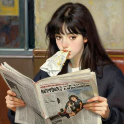 portrait girl eating girl, streetwear, reads newspaper, detail beautiful face, manga style, oil painting by j. c. leyendecker