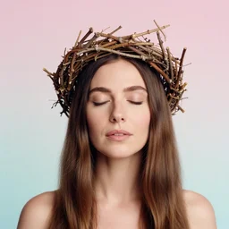 A analog head and shoulder frontal portrait photography of a woman wearing an intricate twig crown by Annie Leibovitz. Long hair. eyes closed. soft gradient pastel color background. Backlit. Kodak Color Plus 200 film. Icelandic mood. detailed. hq. realistic. Rembrandt light style. warm light. muted colors. lens flare. photoreal. Leica M9.