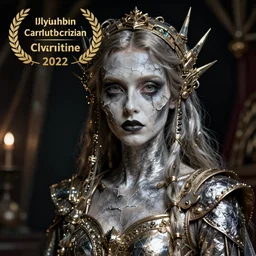 columbine goddess dressed with metallic bismuth clothes, cracked dried pale skin, deep eyes, freak circus, dark surrealism, photograpy winner, photorealistic