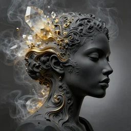3 d abstract head shot intricate portrait of the beautiful face supermodel female!!! dark silhouette morphing with dense acrylic liquid paint fresco, intricate fractals, elegant, abstract art, wavy and golden transluscent quartz crystals gradient abstract marble 3 d fresco surrounded by smoke and energy flow. dark clay sculpt, matte painting. epic. octane render, volumetric light, cubism and futurism