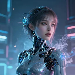 portrait of a cyberpunk beautiful young woman by Greg Rutkowski, biomechanical, highly detailed portrait, Blade Runner background, futuristic, digital engine, luminous, vapor