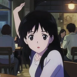 anime frames, anime visual, portrait of a portrait of a young woman visiting a busy cafe interior at night, cute face by ilya kuvshinov and yoh yoshinari, katsura masakazu, mucha, dynamic pose, dynamic perspective, strong silhouette, anime cels, rounded eyes, smooth facial features, slight blue tint
