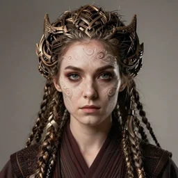germanic, irish female, jedi master, wearing the traditional jedi robe, beautiful and uniquely odd looking, detailed symmetrical close up portrait, intricate complexity, in the style of artgerm and ilya kuvshinov, magic the gathering, star wars art
