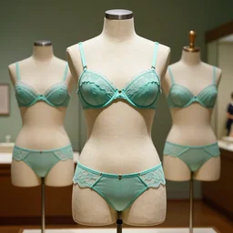 the film still photographed image is a vintage brassiere from the 1 9 4 0 s. the undergarments ensemble is inspired by teal mint cottagecore. it is displayed on a mannequin in a museum exhibit. vibrant cinematography, anamorphic lenses, upscale, hyper realistic photo, crisp, detailed image in 8 k resolution.