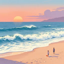 graphic novelfull page illustrations of dreamy beach scenes on a hot summer evening, by carel willink and gregory crewdson, big waves, surf