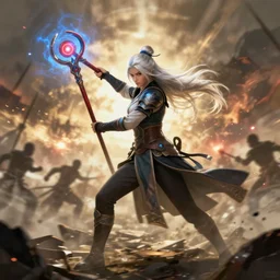 dragon age character wynne, 5 0 years old woman ash white long hair tied bun, holding long staff red orb, blue magic, middle of battle, background full of war silhouettes, fighting, full body, epic, d and d, cinematic, dynamic lighting, concept art, rich color, bioware, by greg rutkowski
