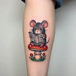 tatoo on girl's leg with cute rat reading newspapper sitting onmagic mushroom