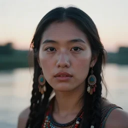 closeup _ plate _ photography _ portrait _ of _ a _ stunningly _ beautiful tribal pagan renaissance _ female _ healthy maiden face _ in _ soft _ dreamy _ light _ at _ sunset _ beside _ the _ river _ soft _ focus, annie leibovitz, hasselblad, nikon, steve mccurry, david lazar, jimmy nelsson