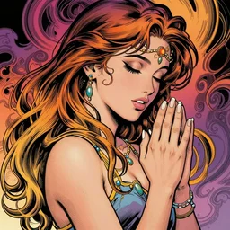 a glamorous natural girl praying, fantasy graphic novel style, by wendy pini and virgil finlay, intricate, vivid gradient colors, very fine inking lines, extremely detailed, 4k, hd