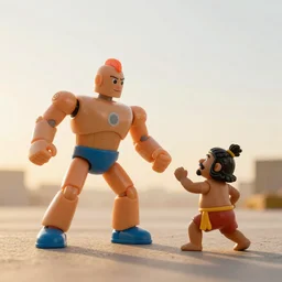 action photo, toy called Stretch Armstrong, life size, fighting a dwarf Indian man, golden hour, award winning, wide angle