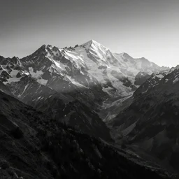 award winning landscape photography of mont blanc by ansel adams, wide angle, high contrast, black and white, peaks lighten up by god rays, beautiful sunrise