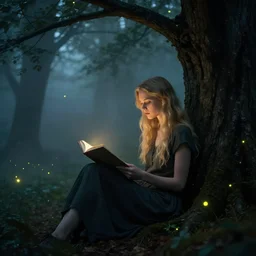 portrait, blond girl sits in mystical misty forest, reading under a tree, fireflies, dramatic lighting, cinematic, establishing shot, extremly high detail, foto realistic, cinematic lighting, post processed, concept art, artstation, matte painting, style by eddie mendoza, raphael lacoste, alex ross