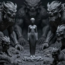 A beautiful sculpture of a small figure standing in the center of a dark, foreboding landscape. The figure is surrounded by strange, monstrous creatures, and there is a feeling of unease and dread. Gucci, liminal space by Elizabeth Gadd monumental