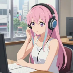 high definition anime portrait of an anime girl with pastel colored hair sitting at a desk studying with headphones on, background is a window looking out into a busy Tokyo district, lo-fi art, masterpiece by Naoshi Arakawa, trending on artstation, sharp high quality anime, digital art, photoshop, proportionate, ambient lighting, clear facial festures