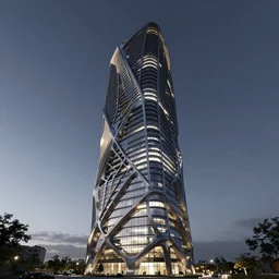 organic skyscraper with an generative design exoskeleton, dark plastic, glowing lights, dynamic lighting, twinmotion render