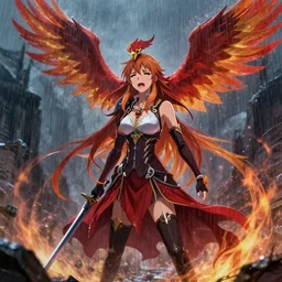 a phoenix crying in the rain in the style of sword art online
