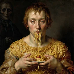half boy half old man made of greasy spaghetti, by giuseppe arcimboldo and ambrosius benson, renaissance, intricate and wet oil paint, a touch of beksinski, realistic