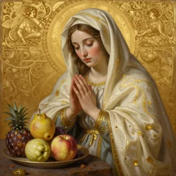stabat mater masterpiece ultrarealistic ultradetailed painting of catholic veiled lady beside fruits, still life, greg rutkowski, immerse, slime, 2 0 th century, special effects makeup, maximalist, glittering, gold, ivory, hyperreal, golden ratio, pinterest, alphonse mucha