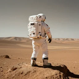 Detailed photo of an astronaut seen from behind, he is standing on top of mount Venus on Mars