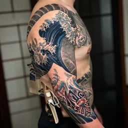 a photo of a tattoo sleeve design of a japanese wave mixed with transylvanian!!! folk design with transylvanian!!! folk design, in the style of graffiti