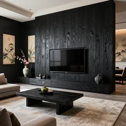 lounge room, stone, interior design, stylish luxury lounge room design, yakisugi, black vertical slatted timber, large flatscreen tv, textures, feminine, black walls, art, japanese pottery vase with flowers, ikebana, kakejiku, seasonal, japanese influences