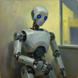 weary robot emporer, dystopian, pj crook, edward hopper, oil on canvas