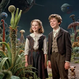 detailed, sharp, a girl and a boy standing next to some strange wild alien plants, looking happy, wearing 1840s era clothes, their small pet tiny alien creature is standing nearby, in a park on a strange alien planet, extremely highly detailed, in focus faces, extremely detailed faces, 70mm still from a classic period sci fi color blockbuster movie, 4k, 35mm macro lens, high quality lighting, sharp focus