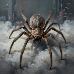 ultra realist and ultra intricate detailed soft painting of an arachne,  symmetry features, sensual gloomy style, volumetric clouds,  cyberpunk background, artstation,  unreal render, depth of field