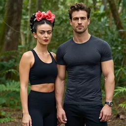 fit man and beautiful woman, forest background, frida castelli