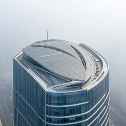 curved roof planes lift and descend creating shade and architectural expression, on top of a skyscraper highly detailed, vivid color, high resolution photography, mist