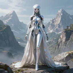 ethereal cybernetic alien princess in the mountains, extremely detailed, sharp focus, wide view, full body shot, smooth, digital illustration, by james jean, by rossdraws, frank franzzeta, sakimichan