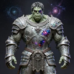 full body concept art of Hulk wearing knight templar armor made with porcelain by Jeff Easley and Peter Elson + beautiful eyes, beautiful face + symmetry face + galaxy + gothic, surreal, dread + highly detailed, intricate complexity, epic composition, magical atmosphere + masterpiece, award winning + trending on artstation