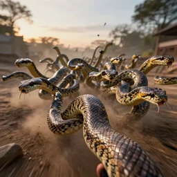 realistic photo first person perspective, pythons stampede towards camera, attacking and chasing me, dramatic lighting, early evening, professional photography, high detail, cinematic lighting, unreal engine
