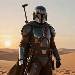 a medieval fantasy mandalorian in the style of expert beautiful digital art by envar studio, detailed, epic, stunning composition, desert sunrise in the background