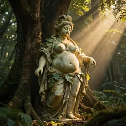 Ancient statue lost in the heart of the forest depicting to the chubby ancient goddess of earth and trees wearing silks and leaves | dramatic light | cinematic lighting | sunshafts, volumetric lighting | golden hour | style of donato giancola