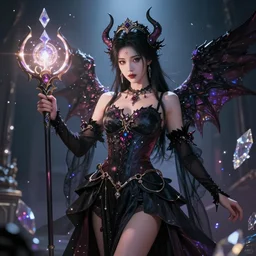 a beautiful female human god of darkness character, character is in all its glory, character is centered on the image, character is holding magic weapon, rim lights, highly detailed professional photo, dynamic lights, particles and crystals are flying, very deep depth of field, trending on artstation, illustration, hyper realistic, vray caustics, super detailed, colorful accents, cinematic shot