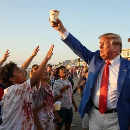 donald trump hitting civilians with pudding cups, pudding stained clothes, golden hour, boardwalk, professional photography