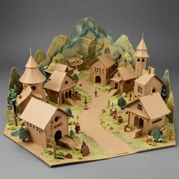 a cardboard diorama of a mystical village