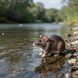 35mm photo of a rat fishing at a riverbank, water, well lit, bright and fun colors