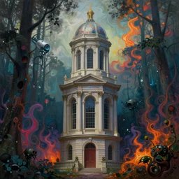 neoclassical tower with dome on a magical gloomy mystical forest. by ( rembrandt painting ( 1 0 0 ) ( fractal flame ) ), colorful, psychedelic, mech, pearlized, highly detailded