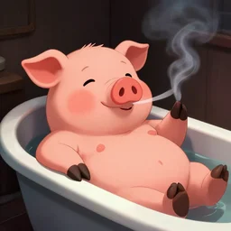 a cartoon humanoid anthropomorphic pig lay in the tub, smoking, digital art, very strong lighting, trending on artstation