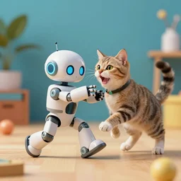An adorable tiny robot playing with a cat, dynamic, energetic, colourful, exciting, by Igor Zenin