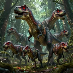 group of mutated trex, red glowing eyes, hunting in the forest. in style of greg rutkowski and hyung - tae kim, trending on artstation, grimdark fantasy, great composition, highly detailed, dynamic pose, vibrant colors, epic, 8 k, unreal engine, octane render