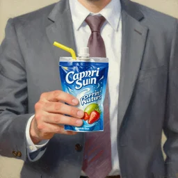 an oil painting of a business man holding a capri sun, capri sun roarin'waters strawberry kiwi surf flavor, punch pouch with yellow straw