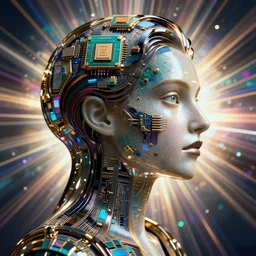 ( ( god of ai art ) ) looking right, neuromancy, rene lalique, highly detailded,, by william - adolphe bouguerea, ( ( mutually assured digital destruction ) ) by gustav klimpt, cpu gpu wafer, glitch art
