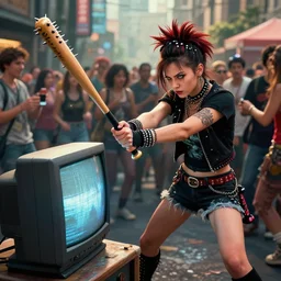 extremely detailed picture of a punk girl hitting a crt tv with a spiked baseball bat in the middle of a crowded street, octane render, hdr, 8 k